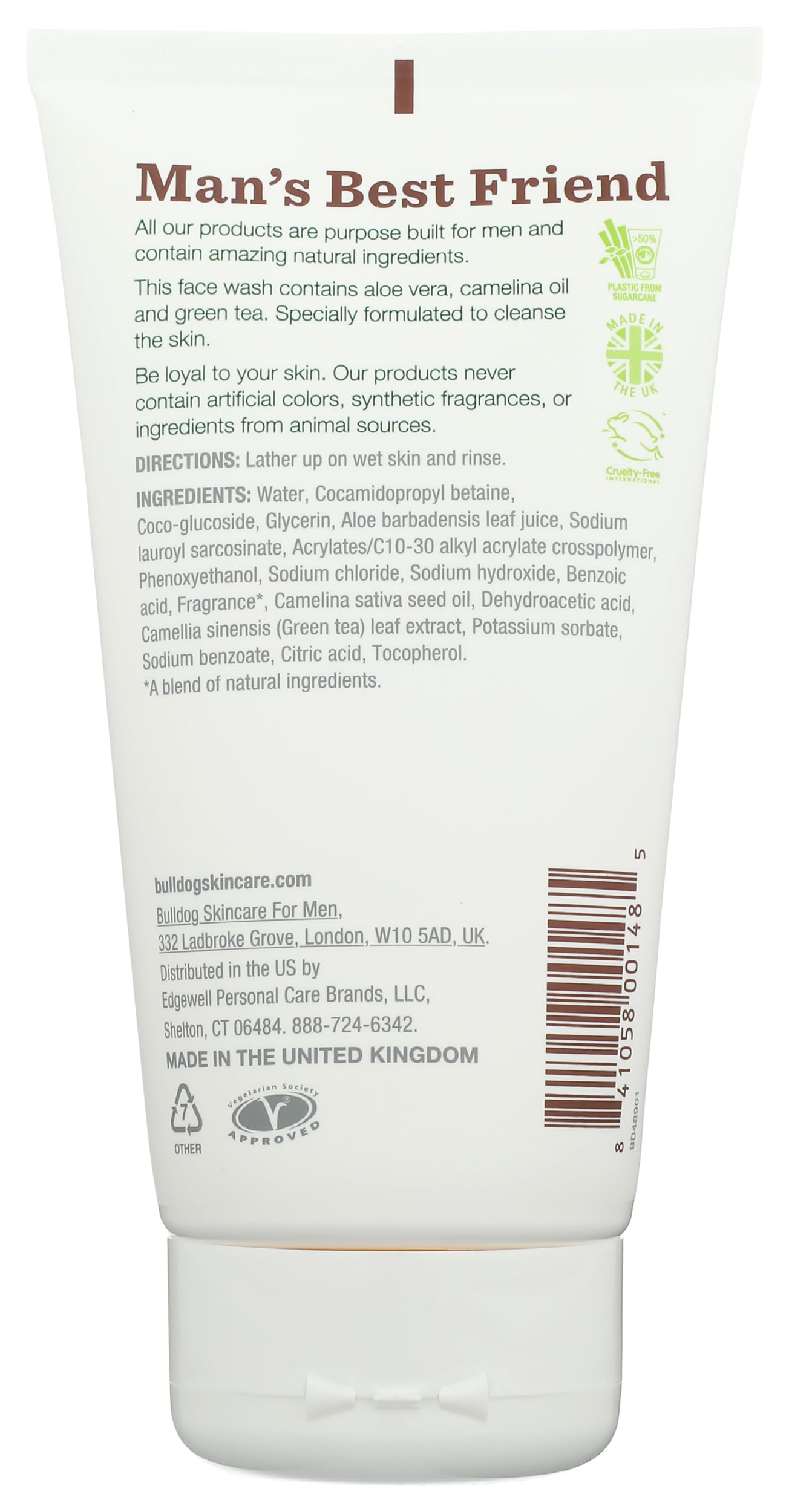 Bulldog Original face wash back label with ingredients list, transparency and ingredient trust benefit