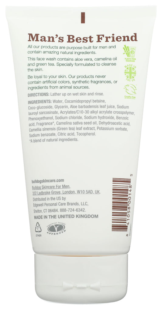 Bulldog Original face wash back label with ingredients list, transparency and ingredient trust benefit