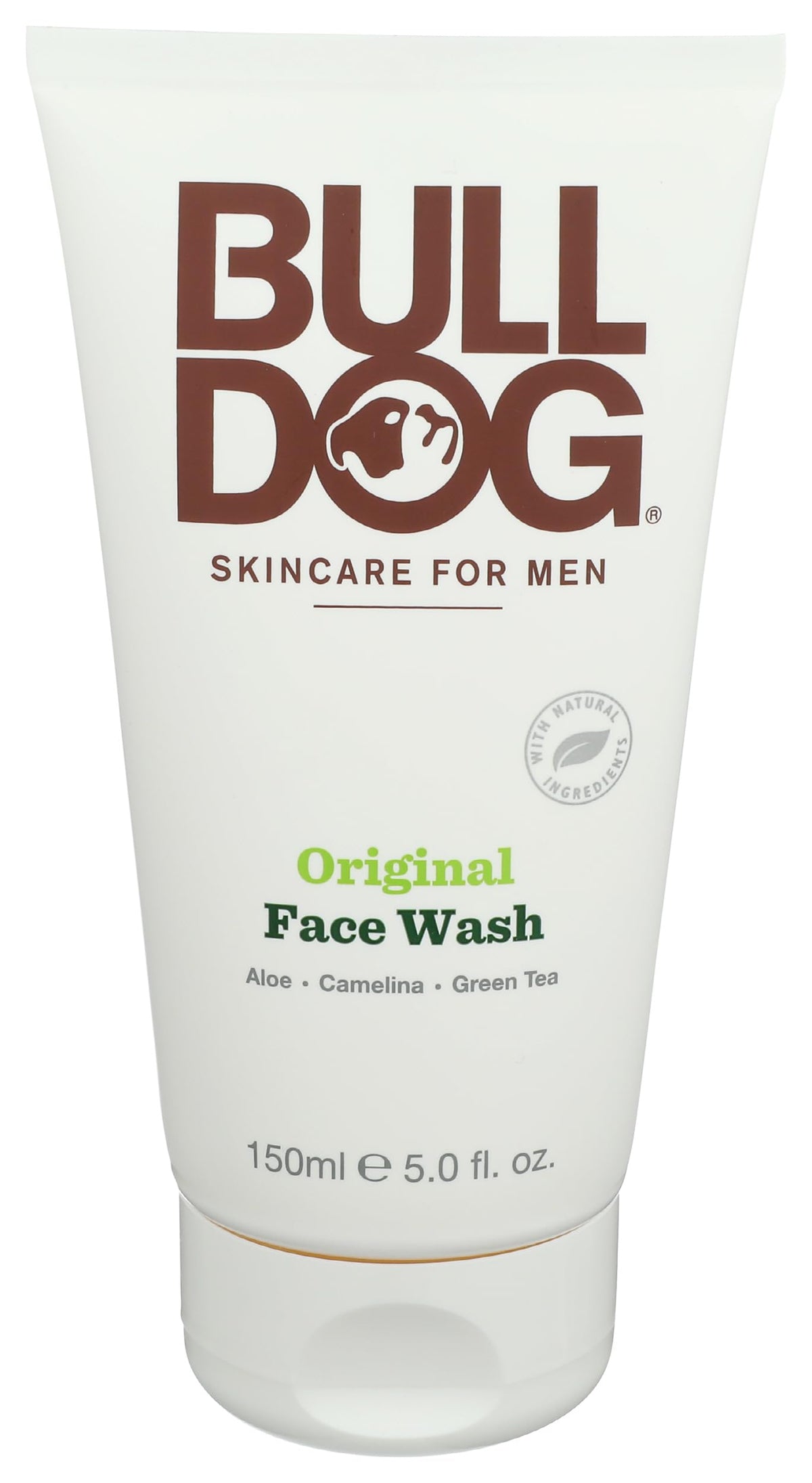 Bulldog Original face wash front packaging showing bottle and logo, clear daily cleansing benefit