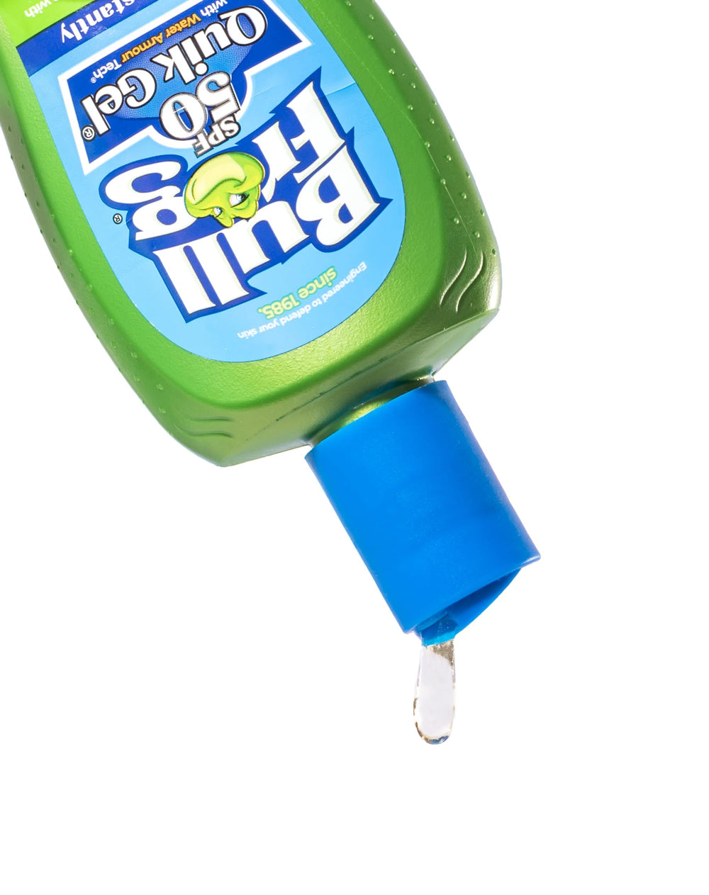 Bullfrog Quik Gel next to a water bottle showing the 5 oz travel-friendly size
