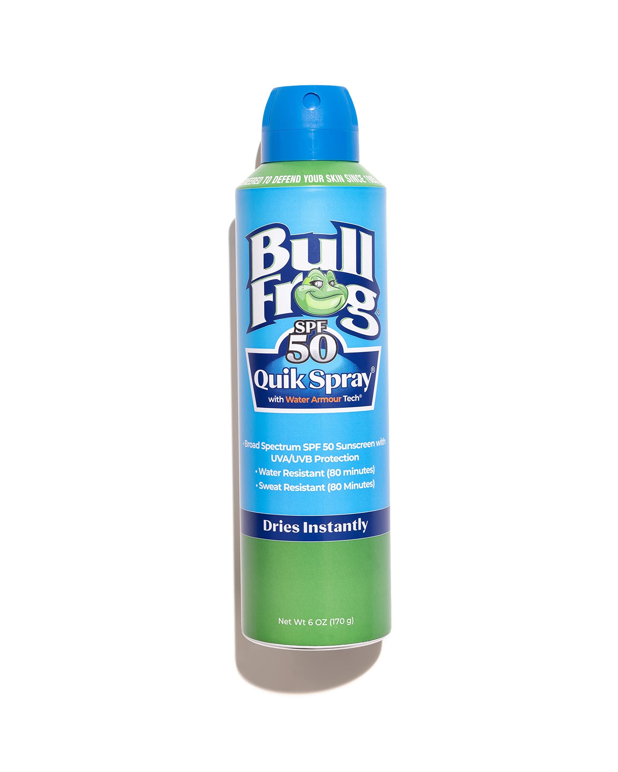 Bullfrog Quik Spray front packaging showing SPF 50 protection and benefits