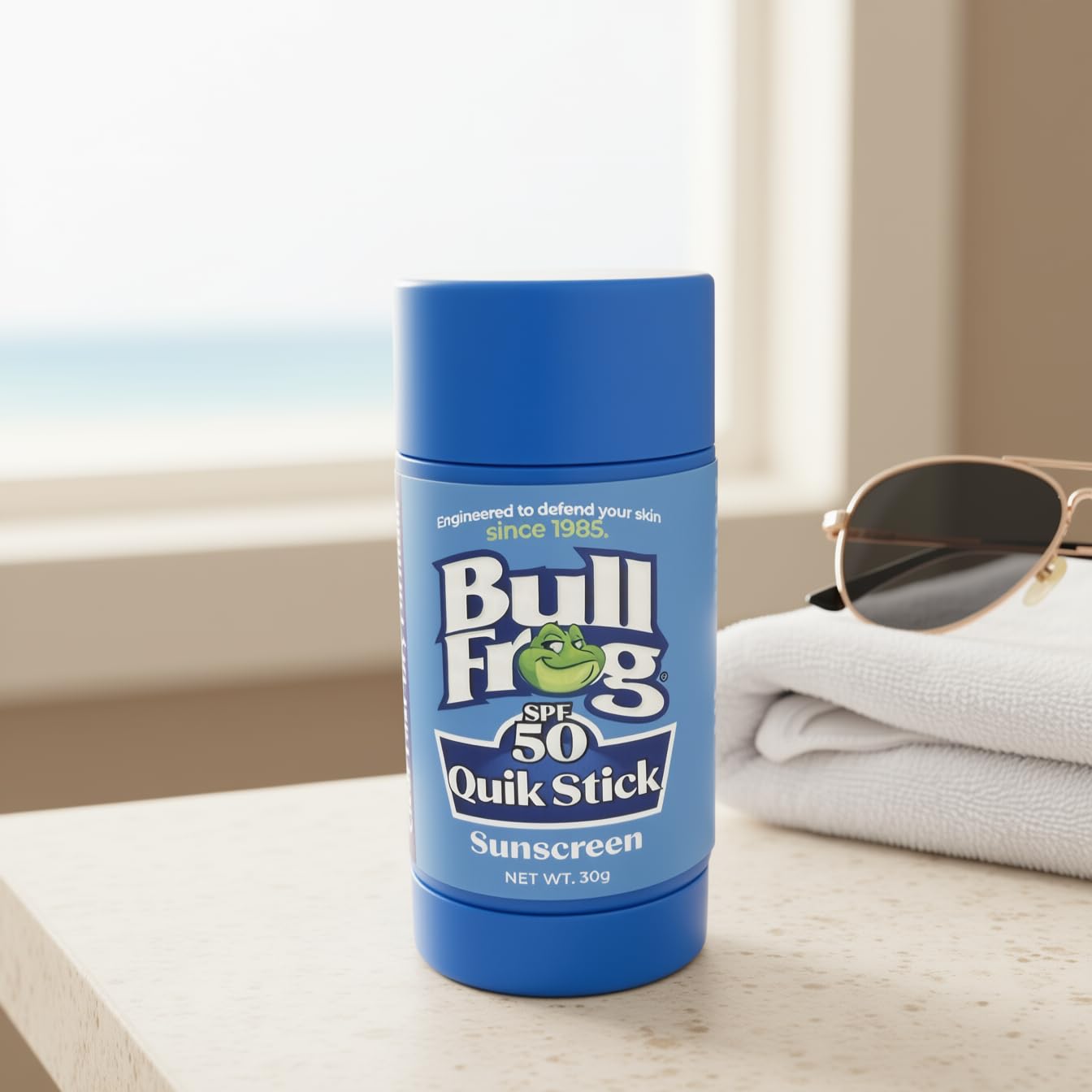 Person applying Bullfrog Quik Stick to face for quick portable coverage
