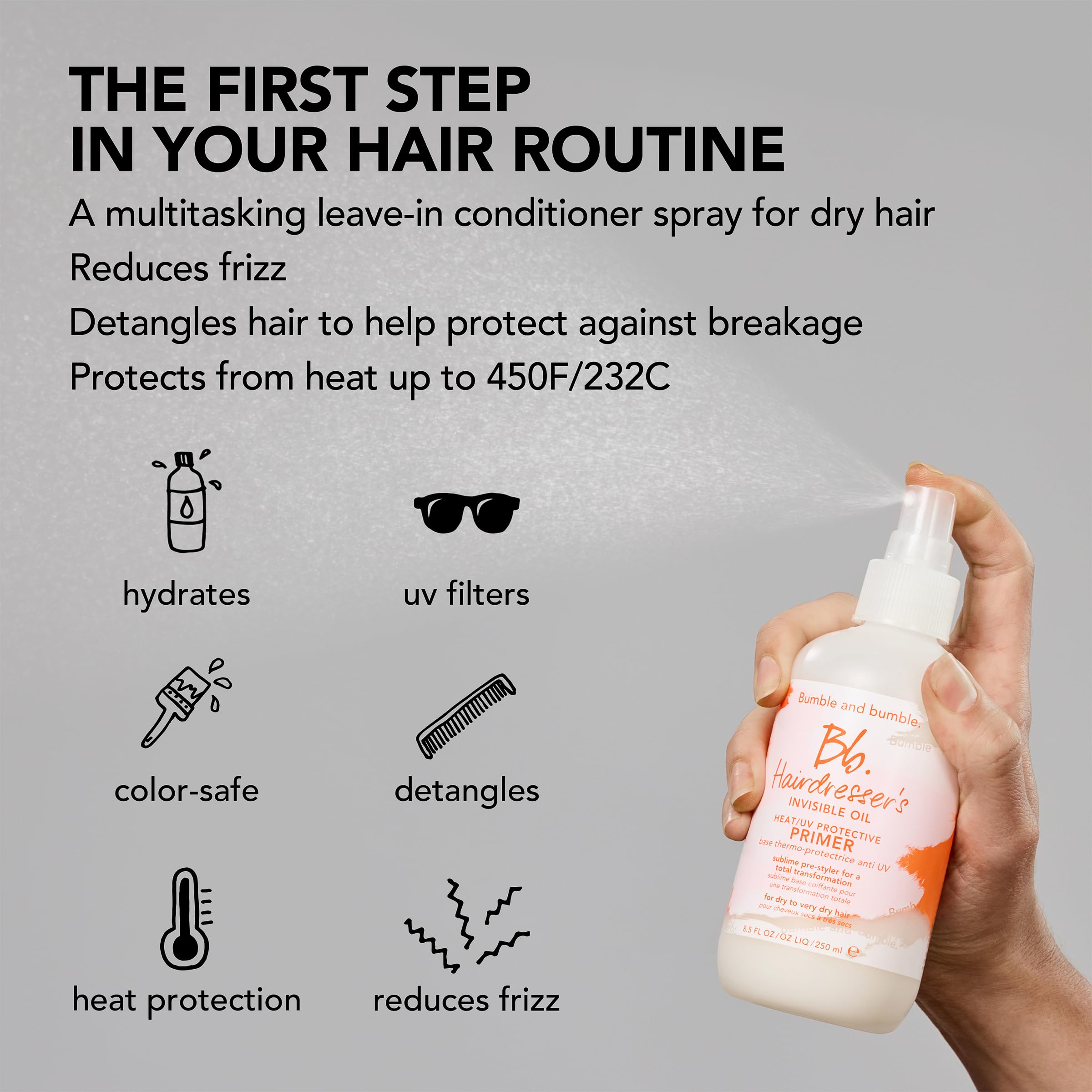 Bumble and bumble before and after photo highlighting reduced frizz