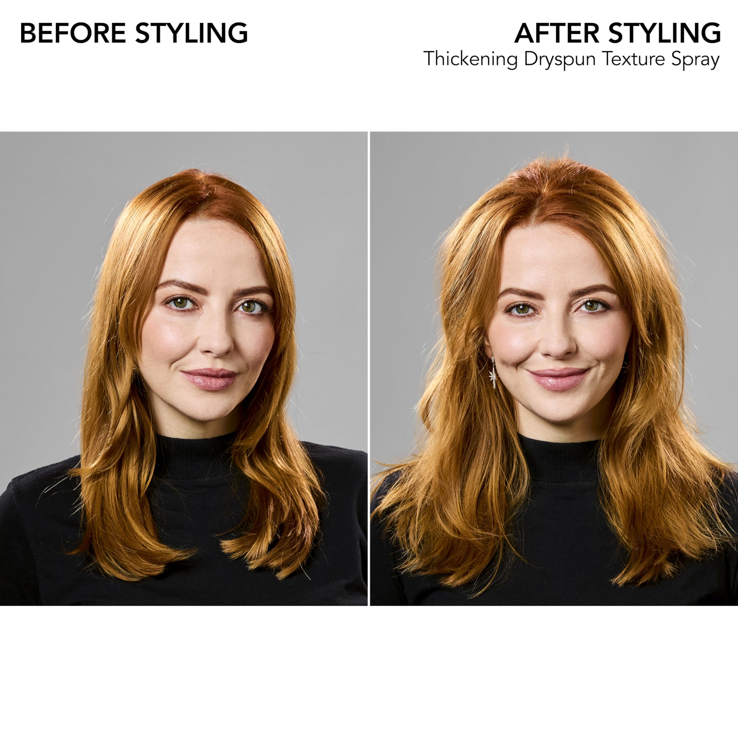 Bumble and bumble before and after on fine hair highlighting fuller, bouncier results