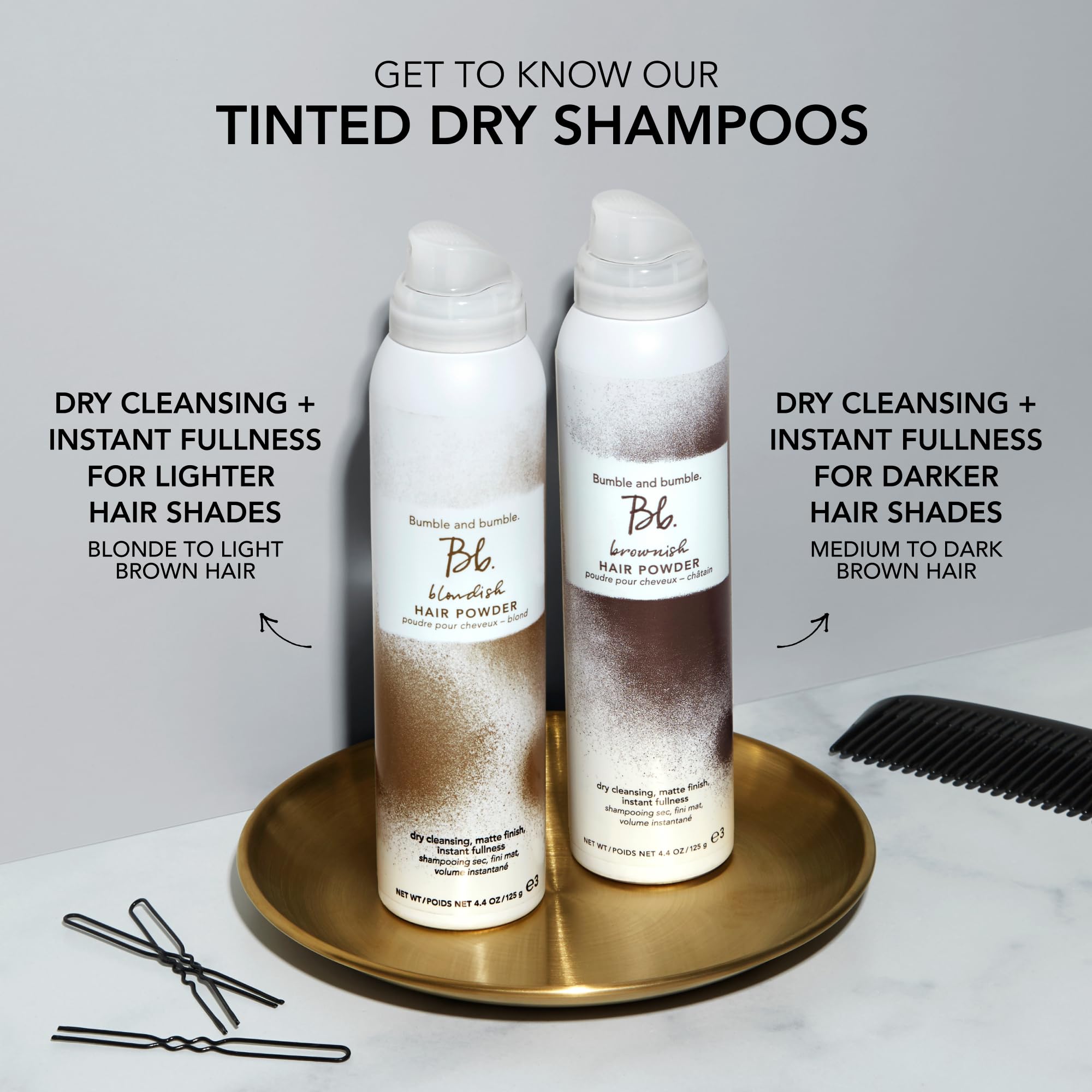 Bumble and bumble 4.4 oz can beside a hand for size reference and travel-friendly benefit