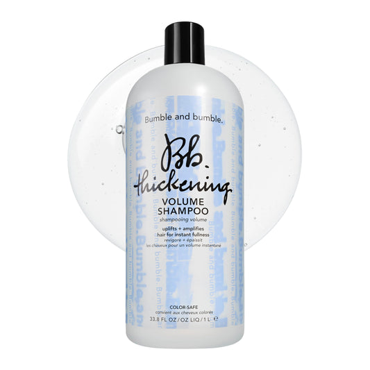 Bumble and bumble front bottle showing product size and easy usage benefit