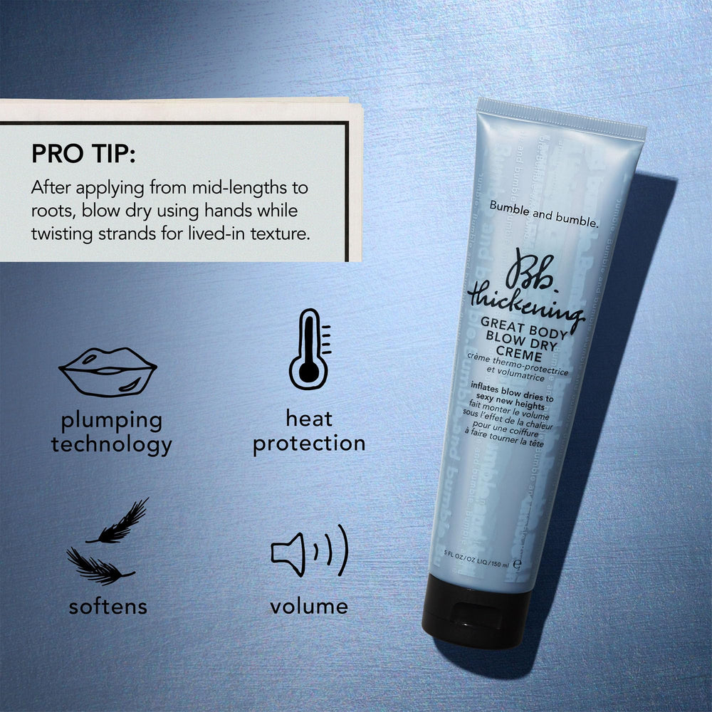 Bumble and bumble label close-up emphasizing Strand-Plumping Technology benefits