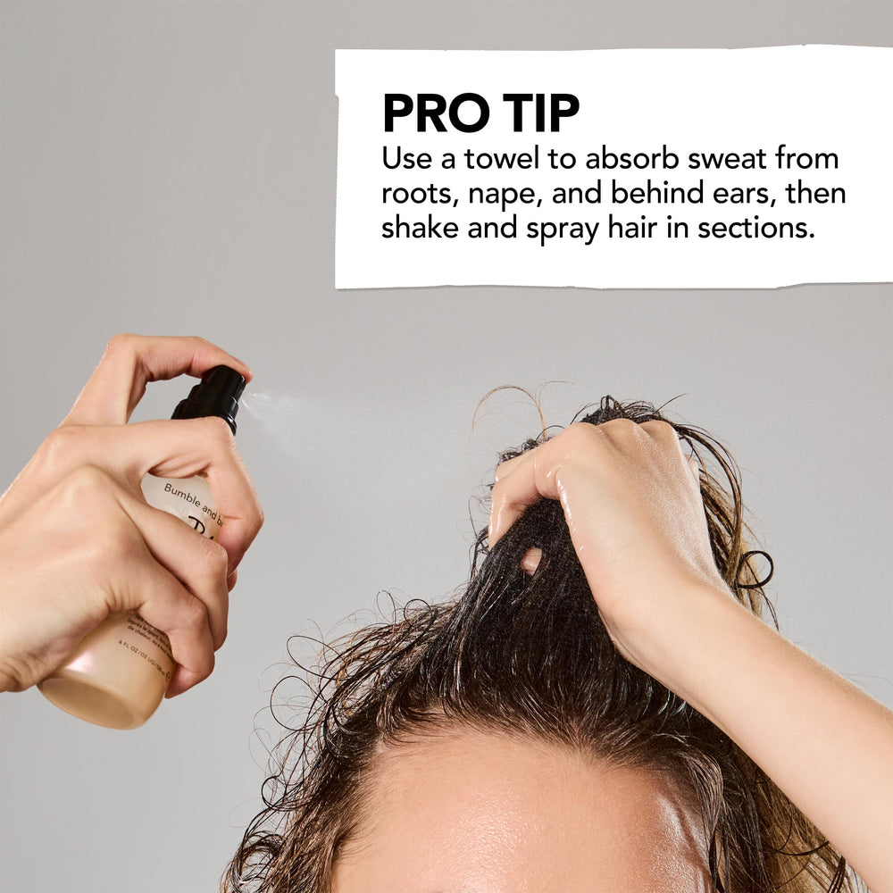 Bumble and bumble being applied after workout to refresh sweaty hair