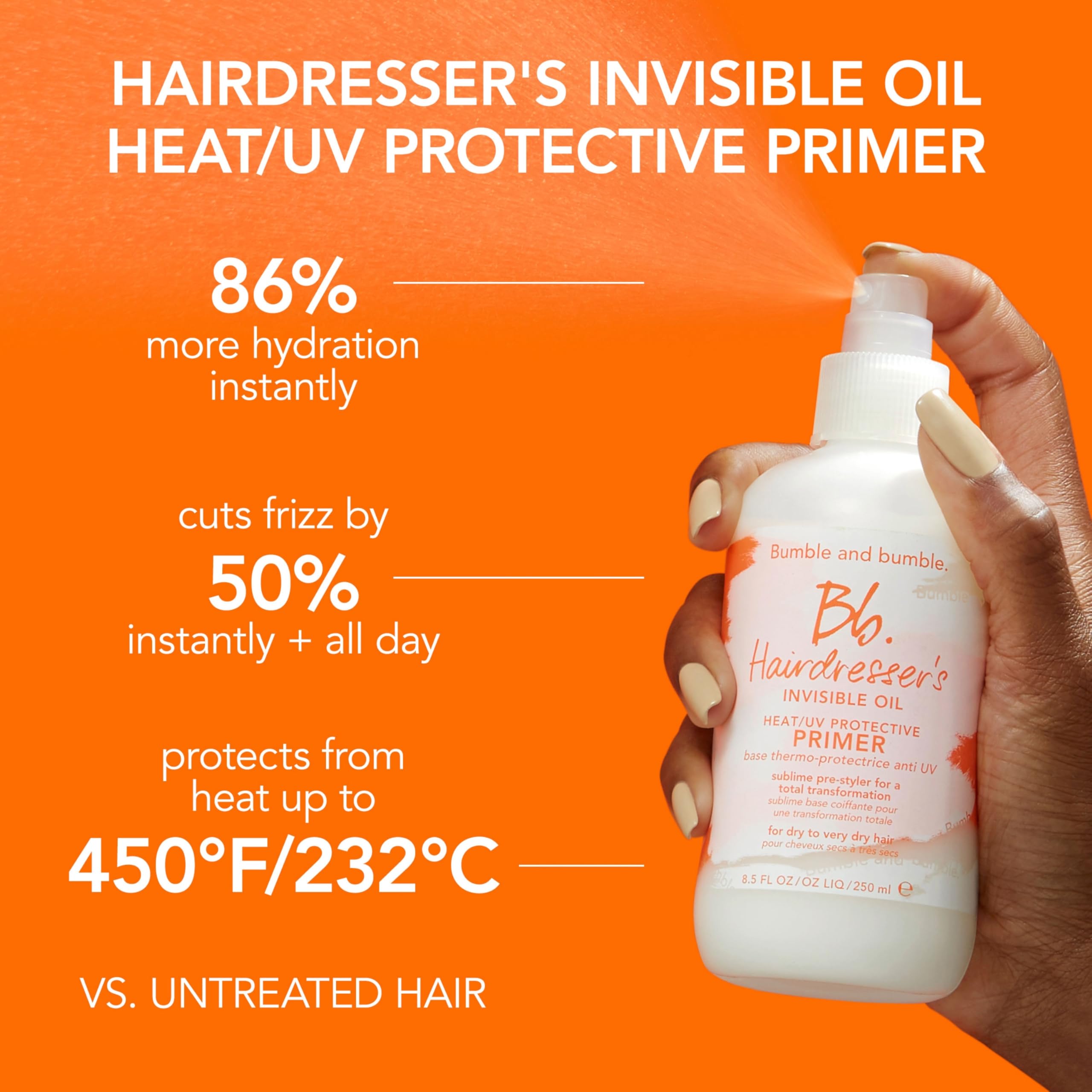 Bumble and bumble primer spray in use on damp hair demonstrating heat protection and frizz control