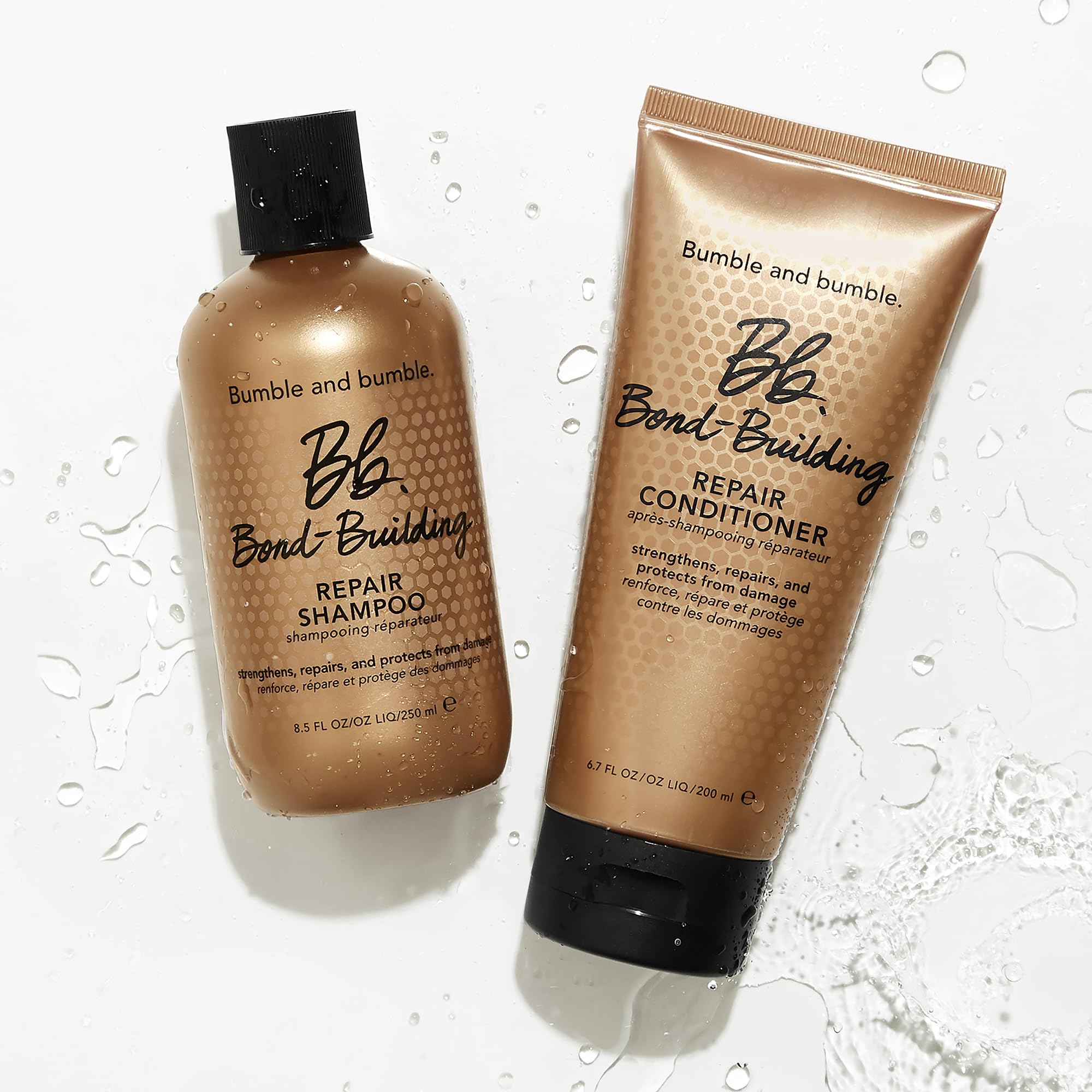 Bumble and bumble next to a hand for scale and travel-friendly size benefit