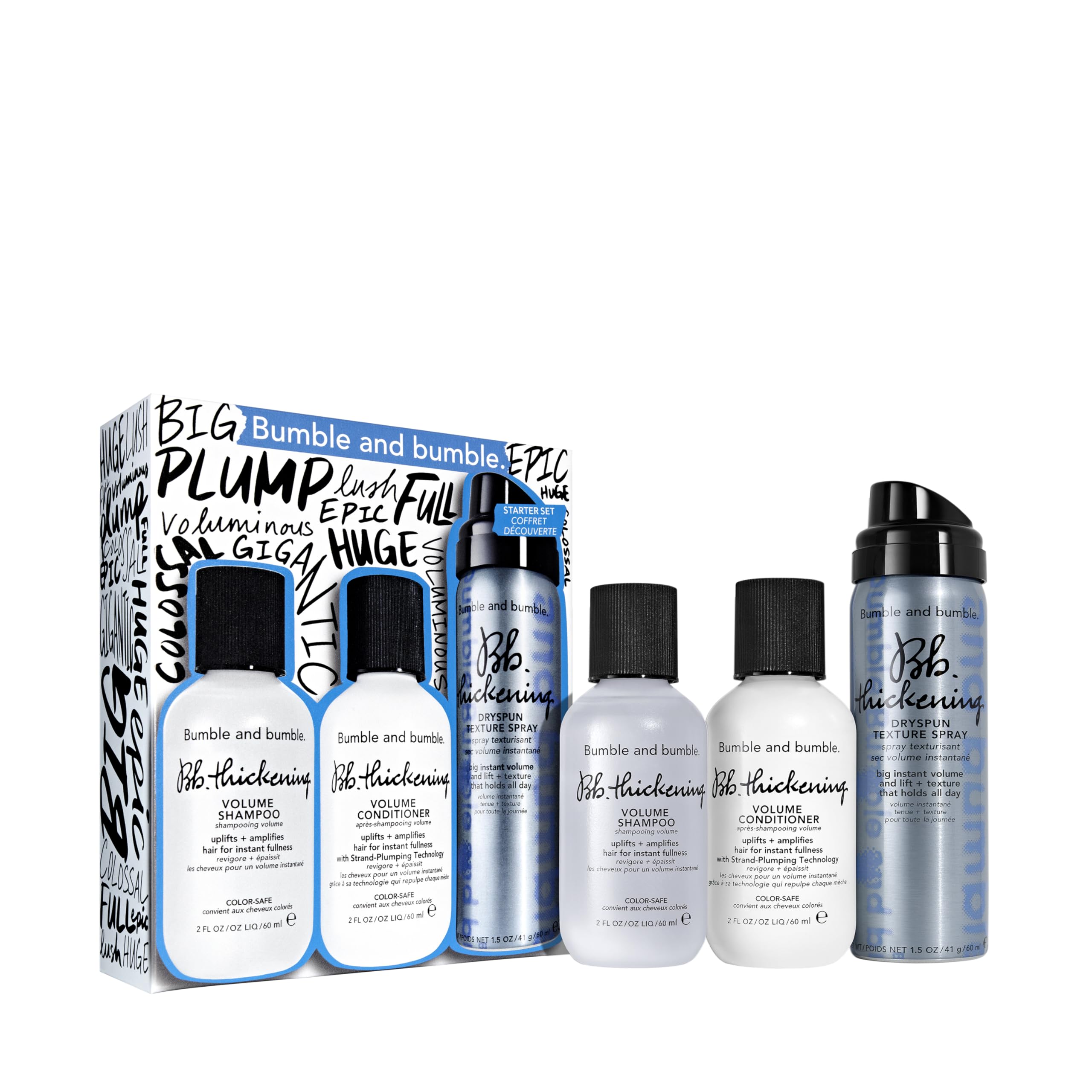 Bumble and bumble travel set front packaging showing portability and volume benefits