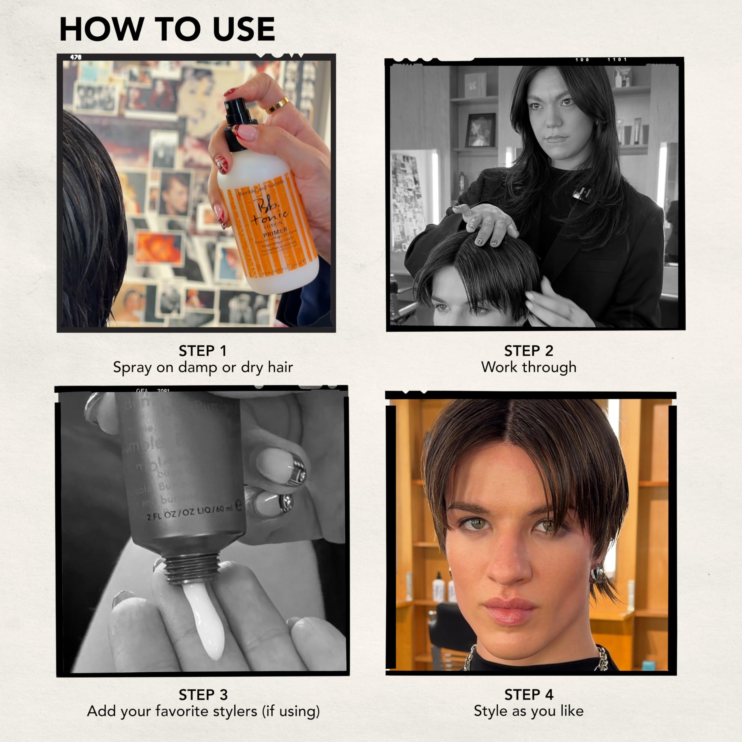 Bumble and bumble being applied to hair by hand, reduces tangles and friction