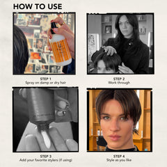 Bumble and bumble being applied to hair by hand, reduces tangles and friction