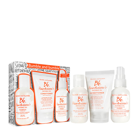 Bumble and bumble travel set front packaging showing three bottles and compact design for convenience