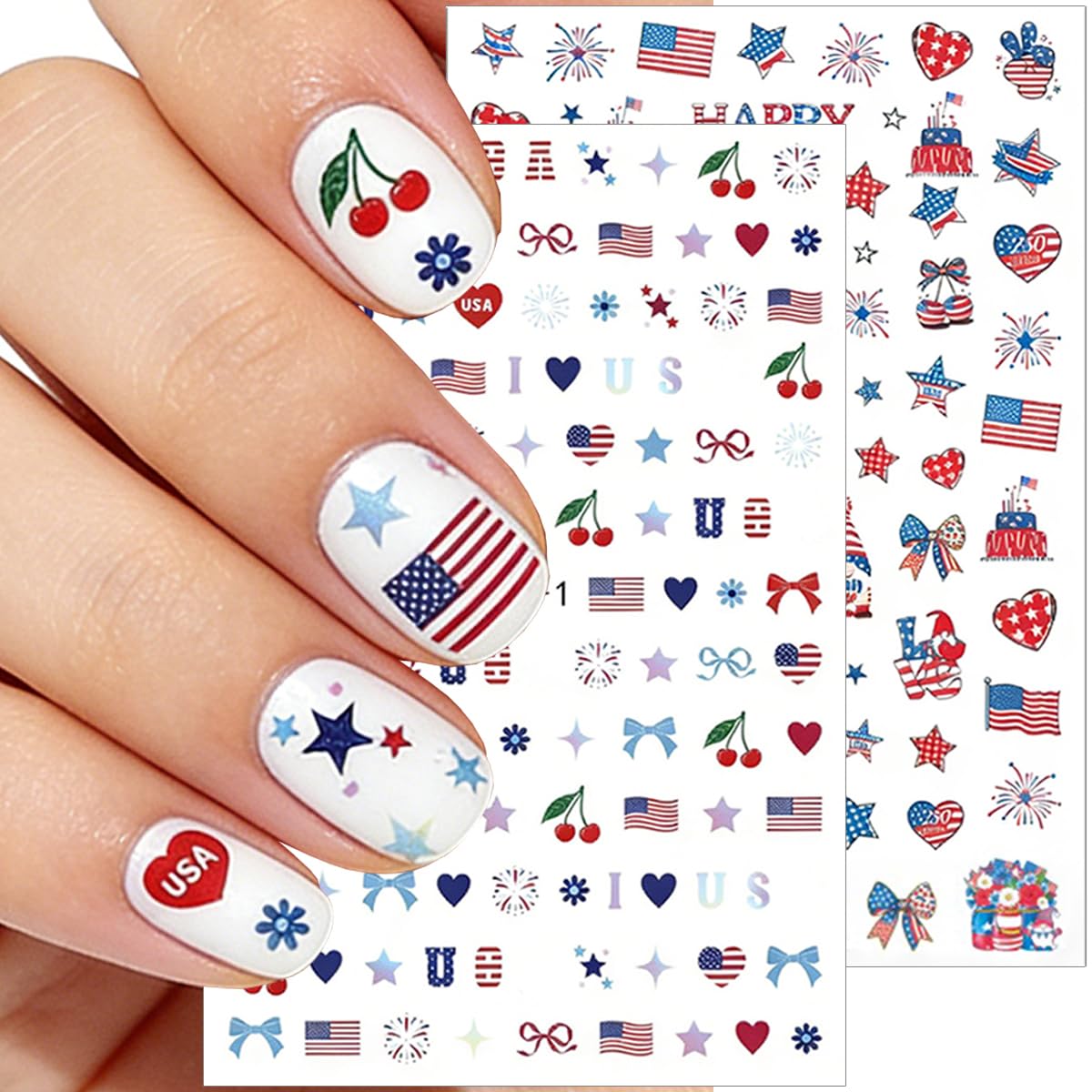 BUNLVDI finished patriotic manicure on hands showing festive result and styling inspiration