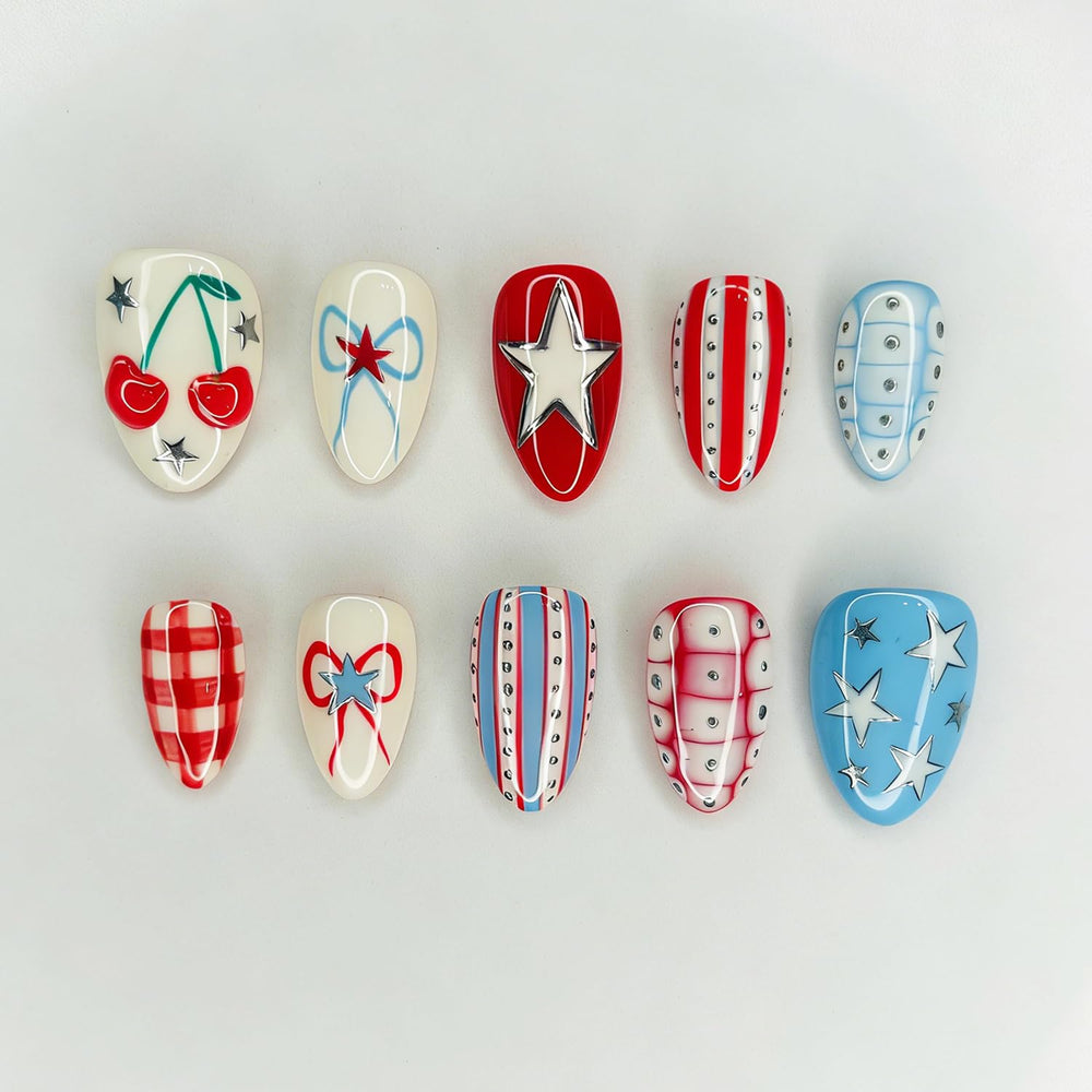 BUNLVDI front packaging showing 24 patriotic press-on nails and contents benefit quick setup