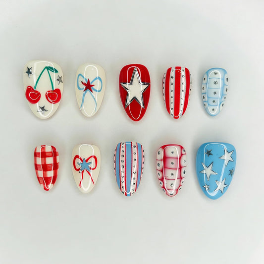 BUNLVDI front packaging showing 24 patriotic press-on nails and contents benefit quick setup