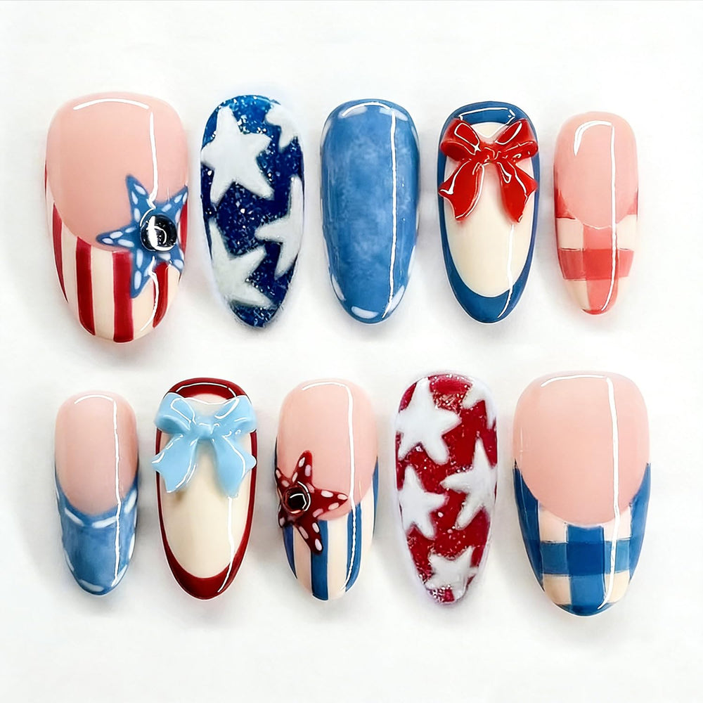 BUNLVDI front packaging showing 30-piece patriotic press-on set benefits quick styling