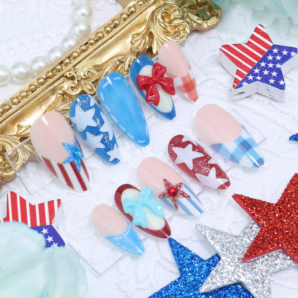 BUNLVDI worn on hand medium almond nails offering instant polished patriotic look