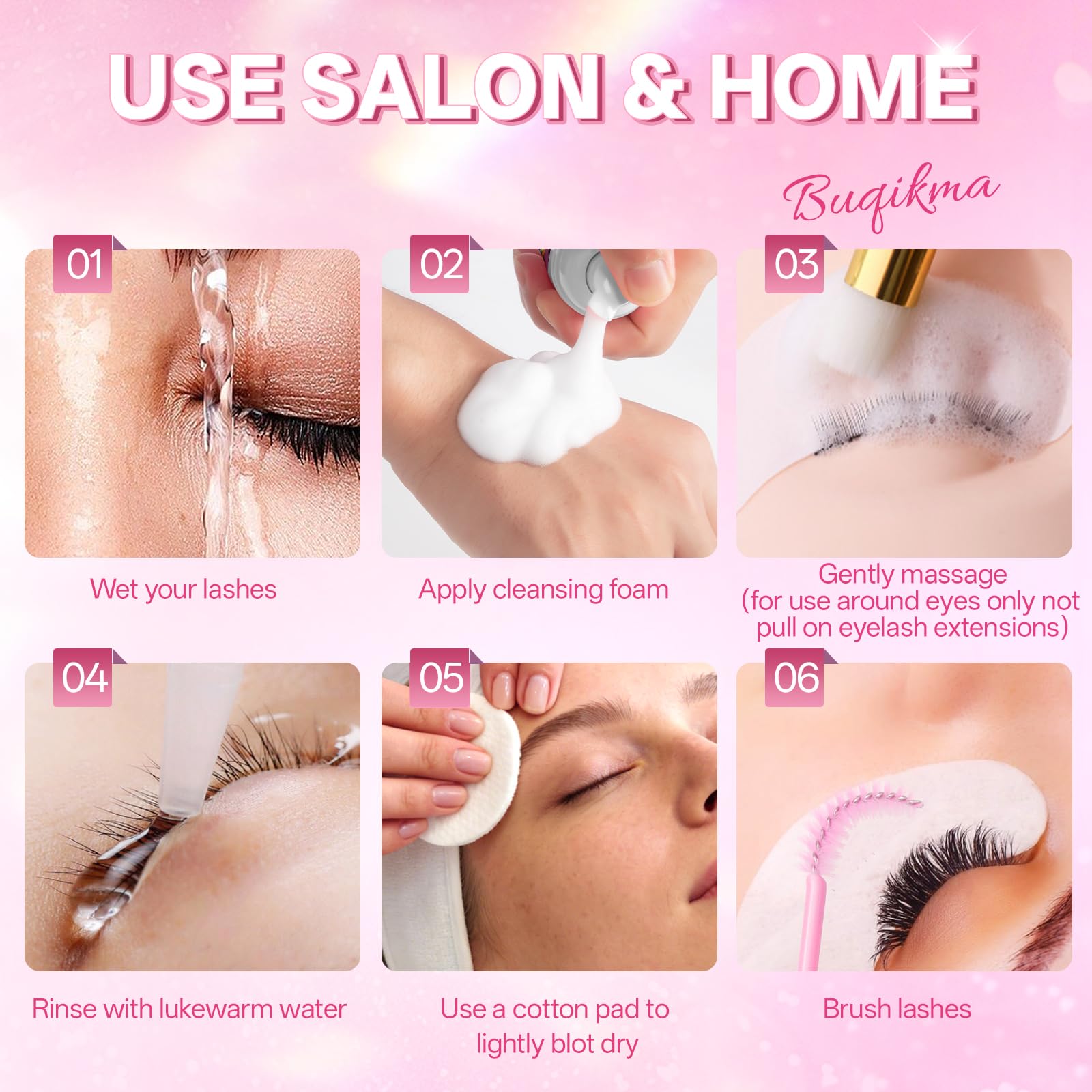 Buqikma in-use salon cleanse with stylist cleaning lashes, professional-safe results