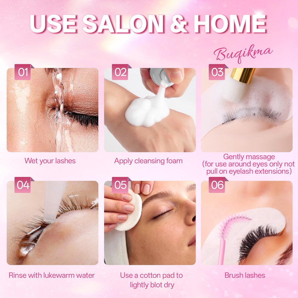 Buqikma in-use salon cleanse with stylist cleaning lashes, professional-safe results
