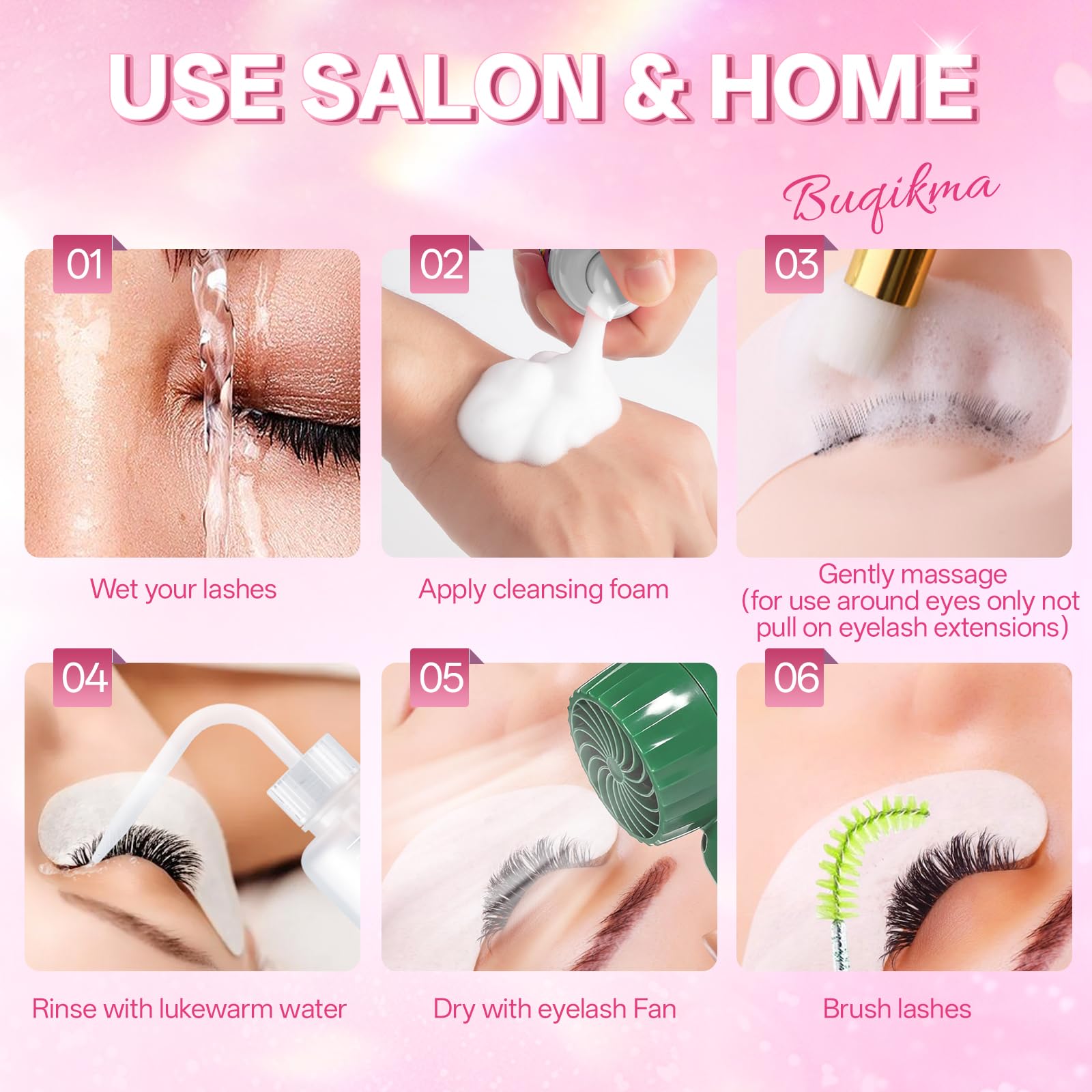 Buqikma lash brush beside rinse bottle enabling controlled gentle cleansing