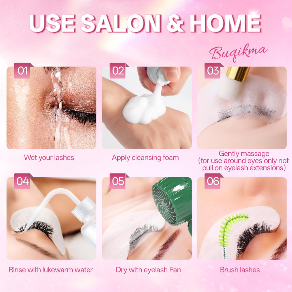 Buqikma lash brush beside rinse bottle enabling controlled gentle cleansing
