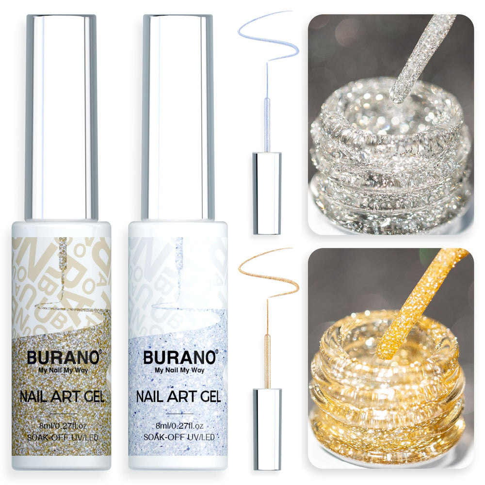 BURANO front packaging showing two 8ml bottles and built-in thin brushes for precision