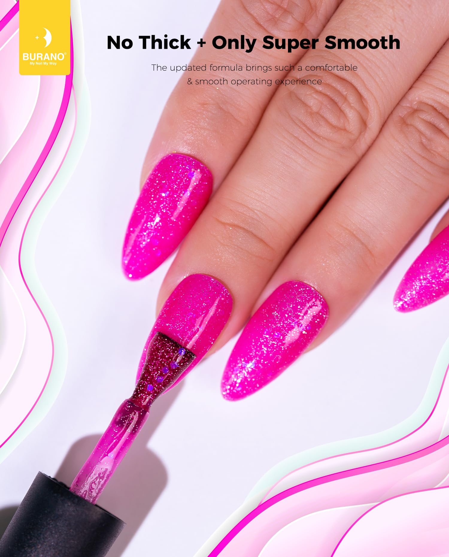 BURANO brush stroke on nail tip demonstrating smooth application and coverage