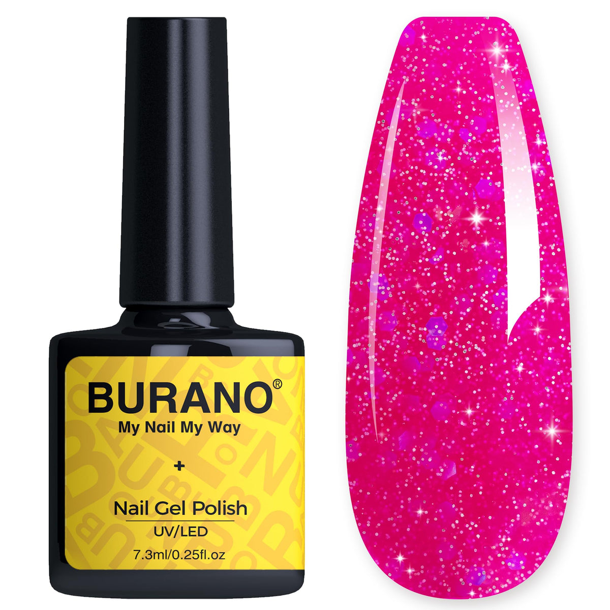 BURANO bottle front view shows hot pink holographic gel and salon-ready shine