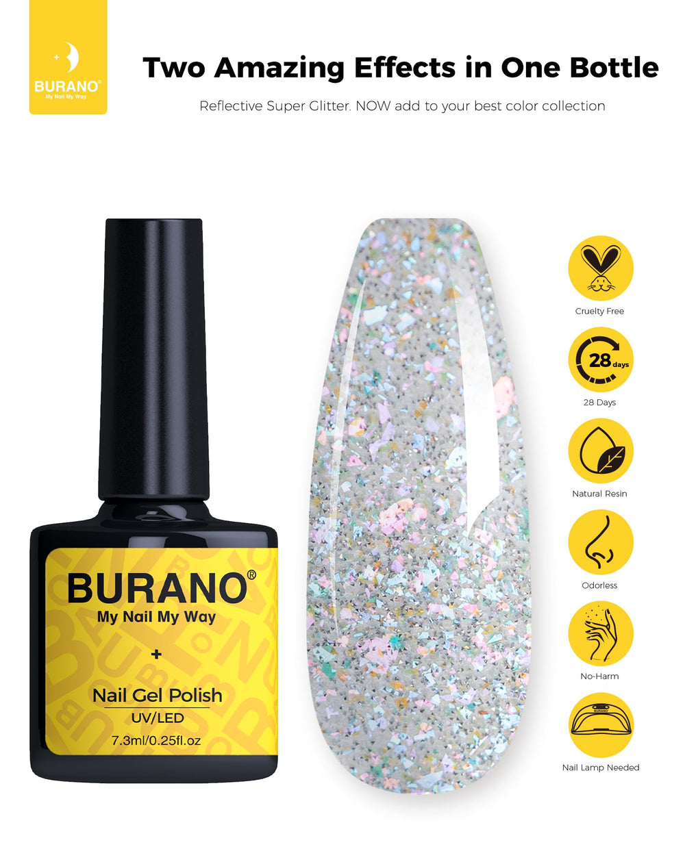 BURANO product label close-up with volume and curing notice for safe use