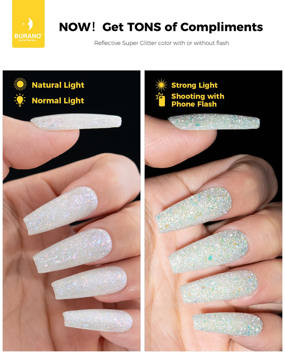 BURANO swatches on nail wheels illustrating color depth and reflective finish