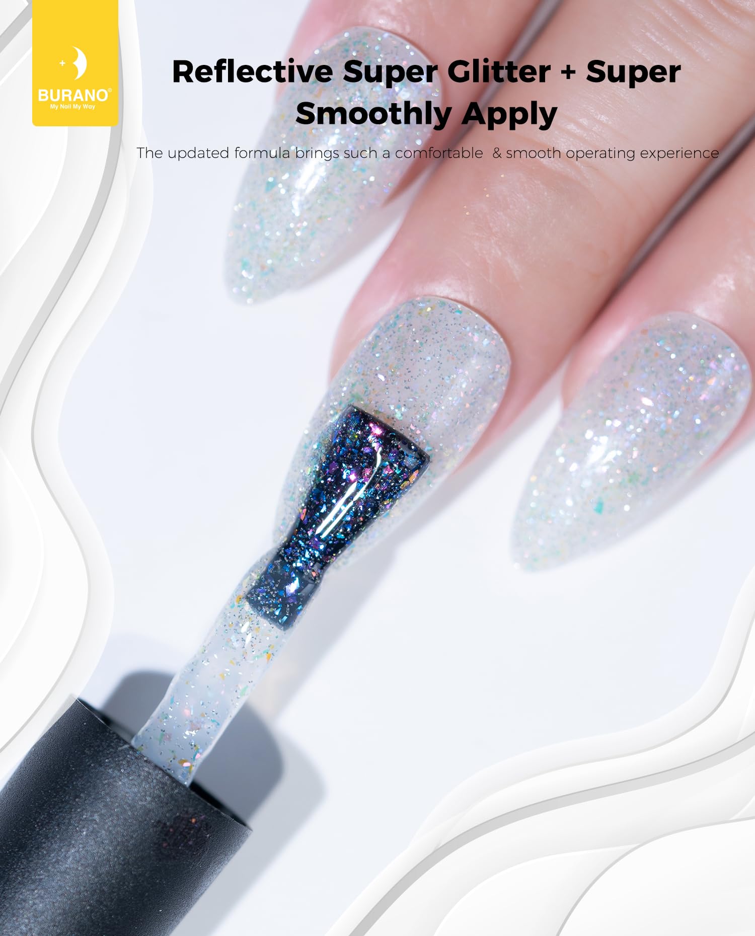 BURANO topcoat finish on nails showcasing high-gloss reflective result