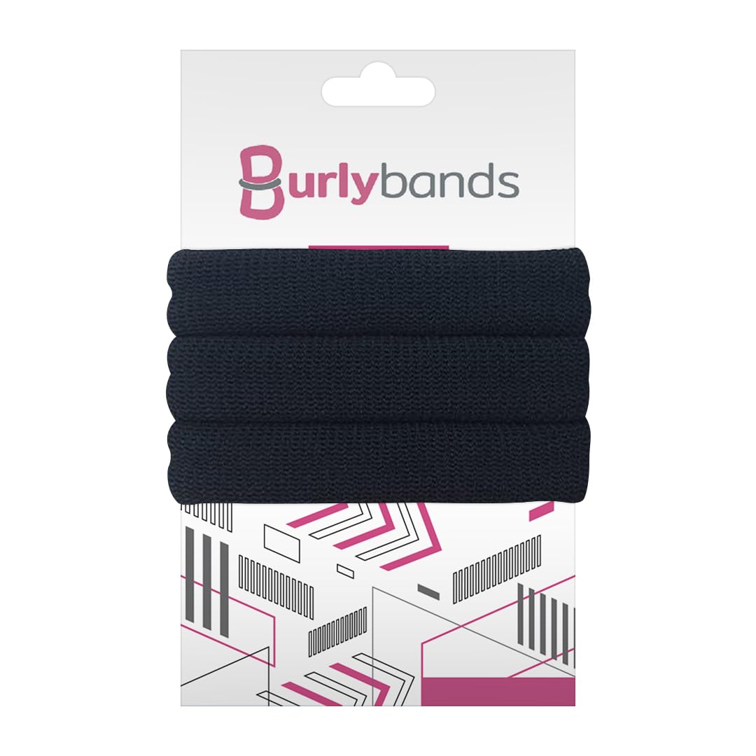 Burlybands front view showing three black large hair ties with durable look and all-day hold