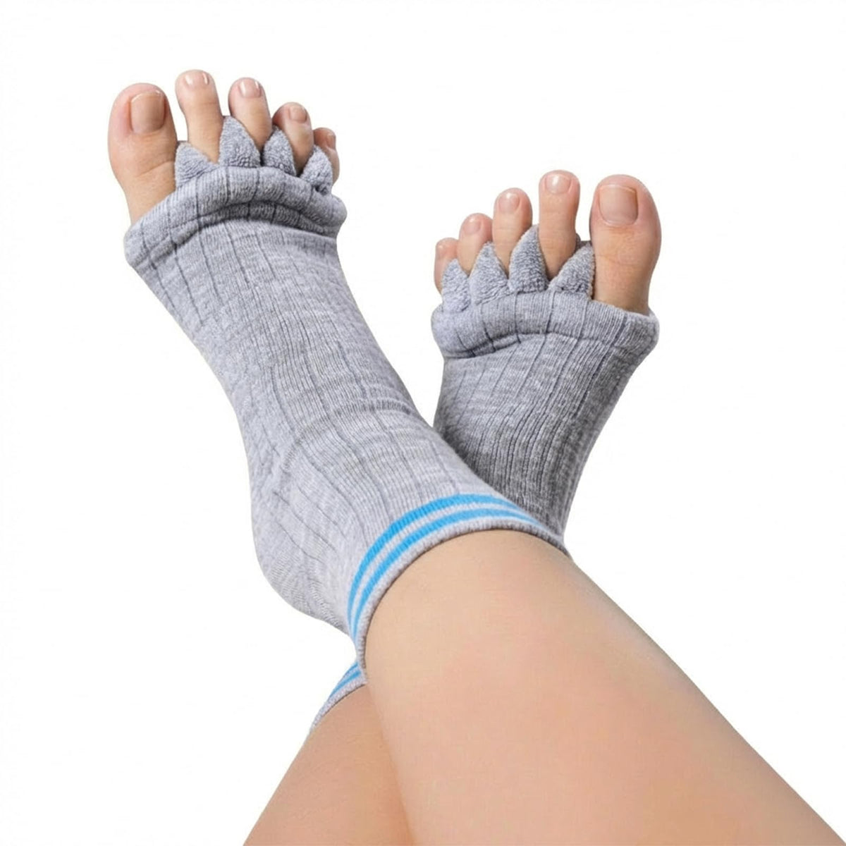 burning barefoot front view of toe separator socks showing overall fit and comfort