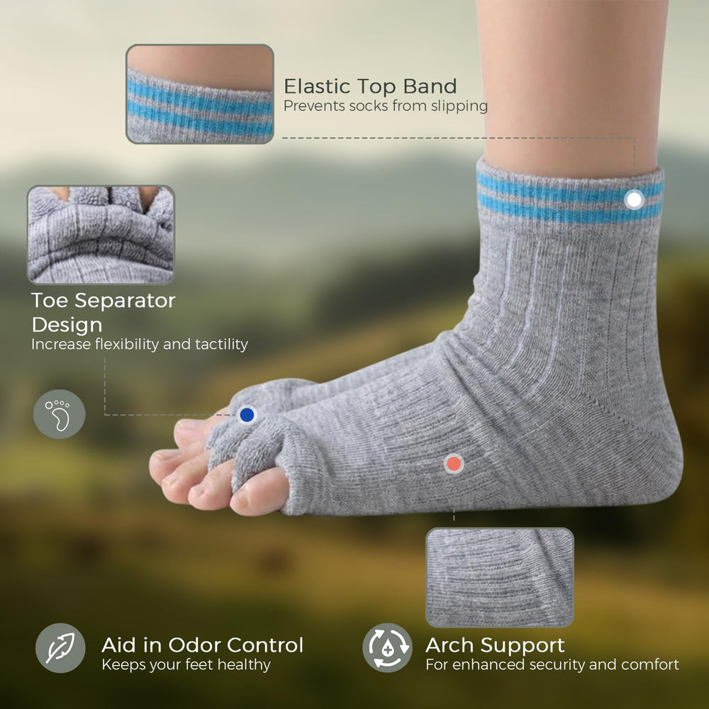 burning barefoot socks worn during yoga showing improved toe splay and stability