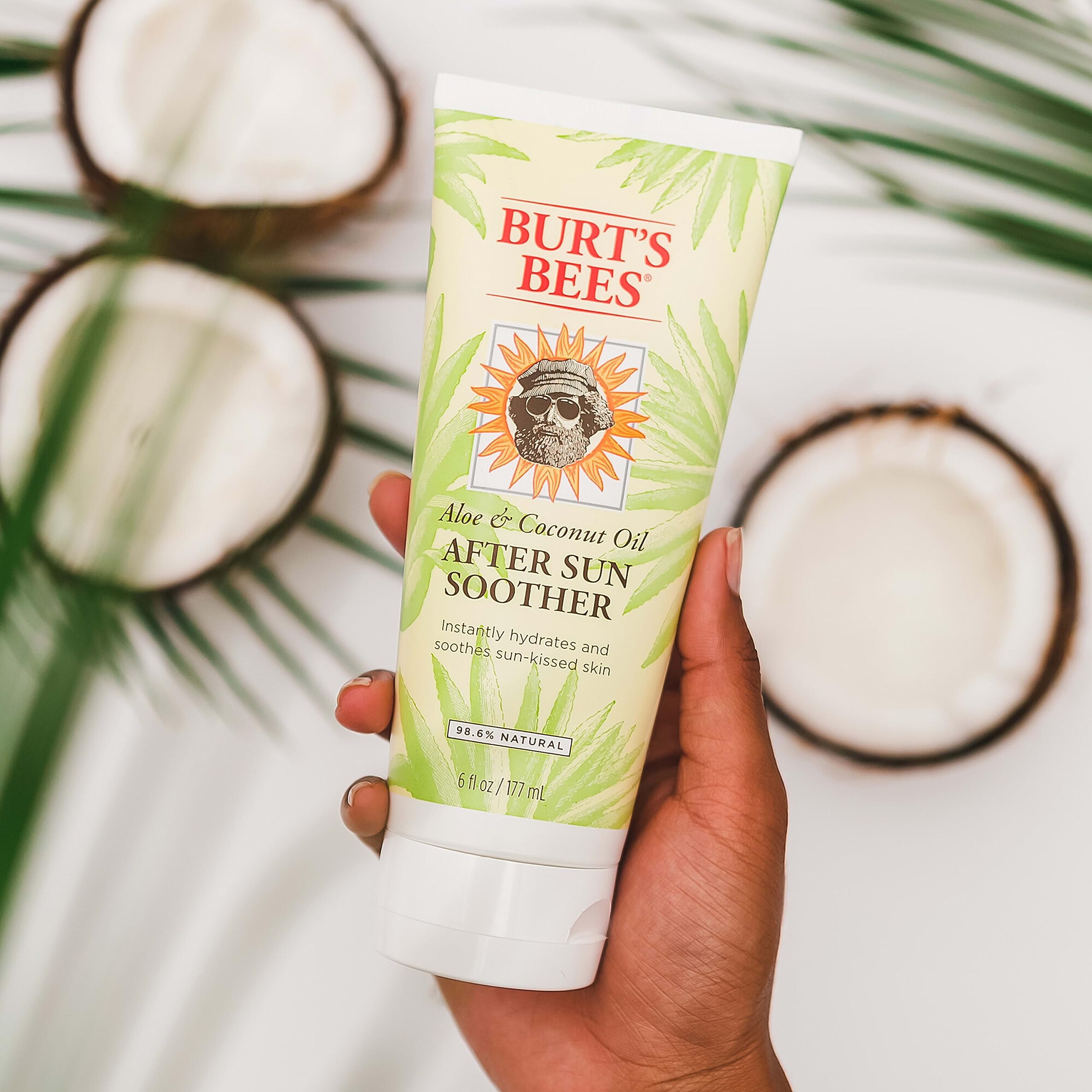 Burt's Bees aloe and coconut ingredients displayed to highlight natural-origin benefits