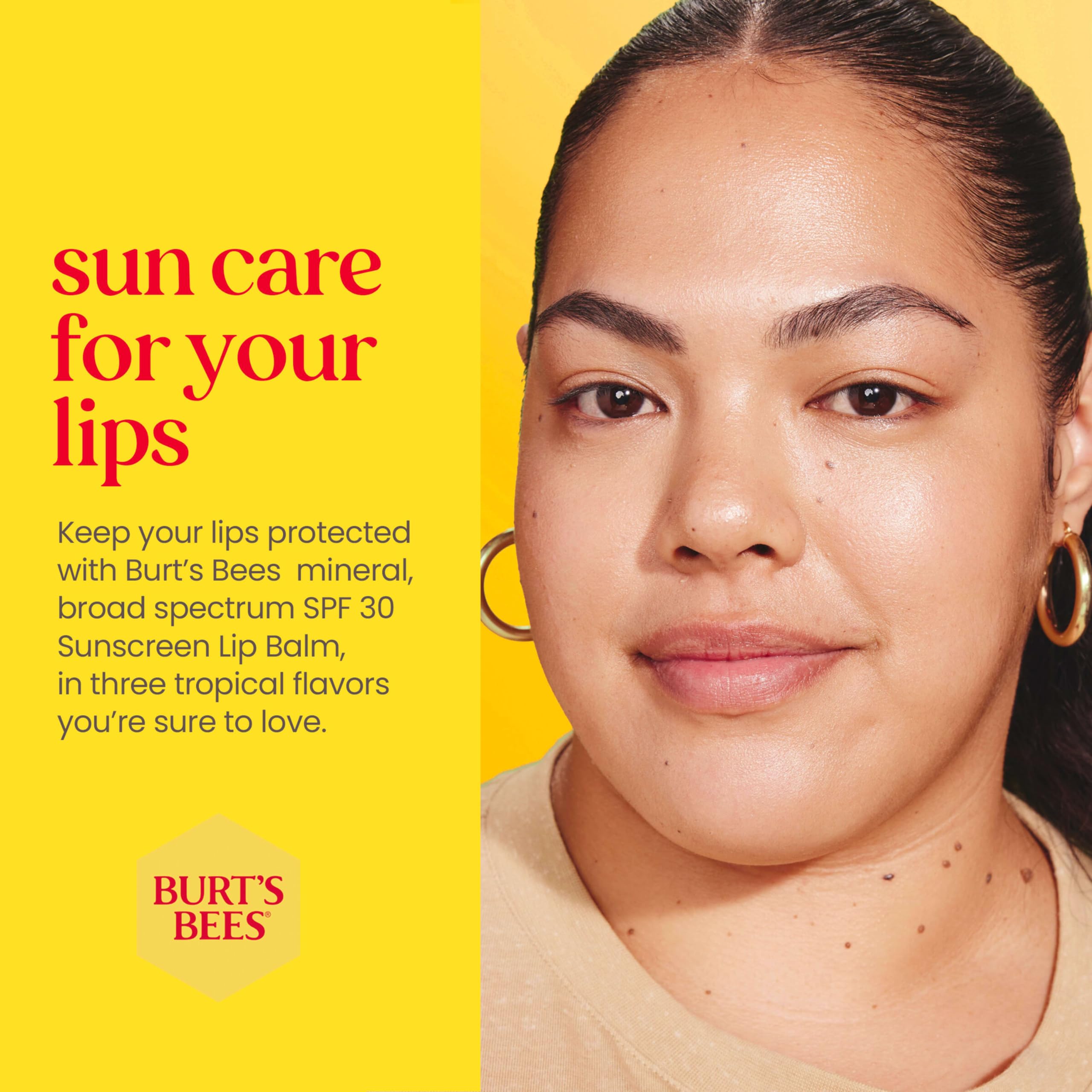 Burt's Bees lip balm on beach towel illustrating water-resistant sun care benefit