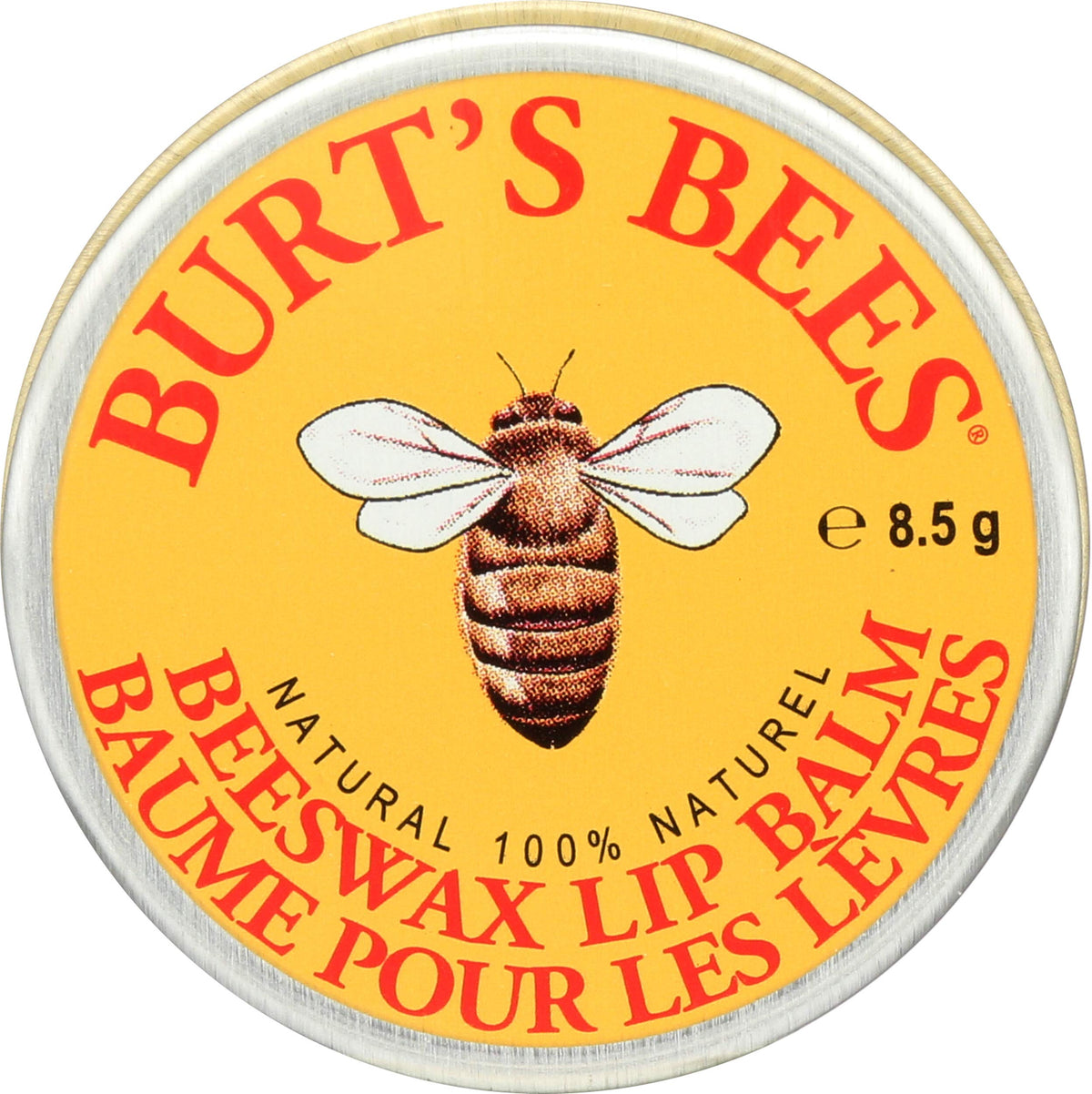 Burt's Bees tin front view showing compact yellow packaging and brand