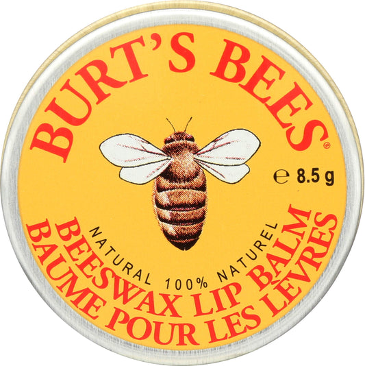 Burt's Bees tin front view showing compact yellow packaging and brand