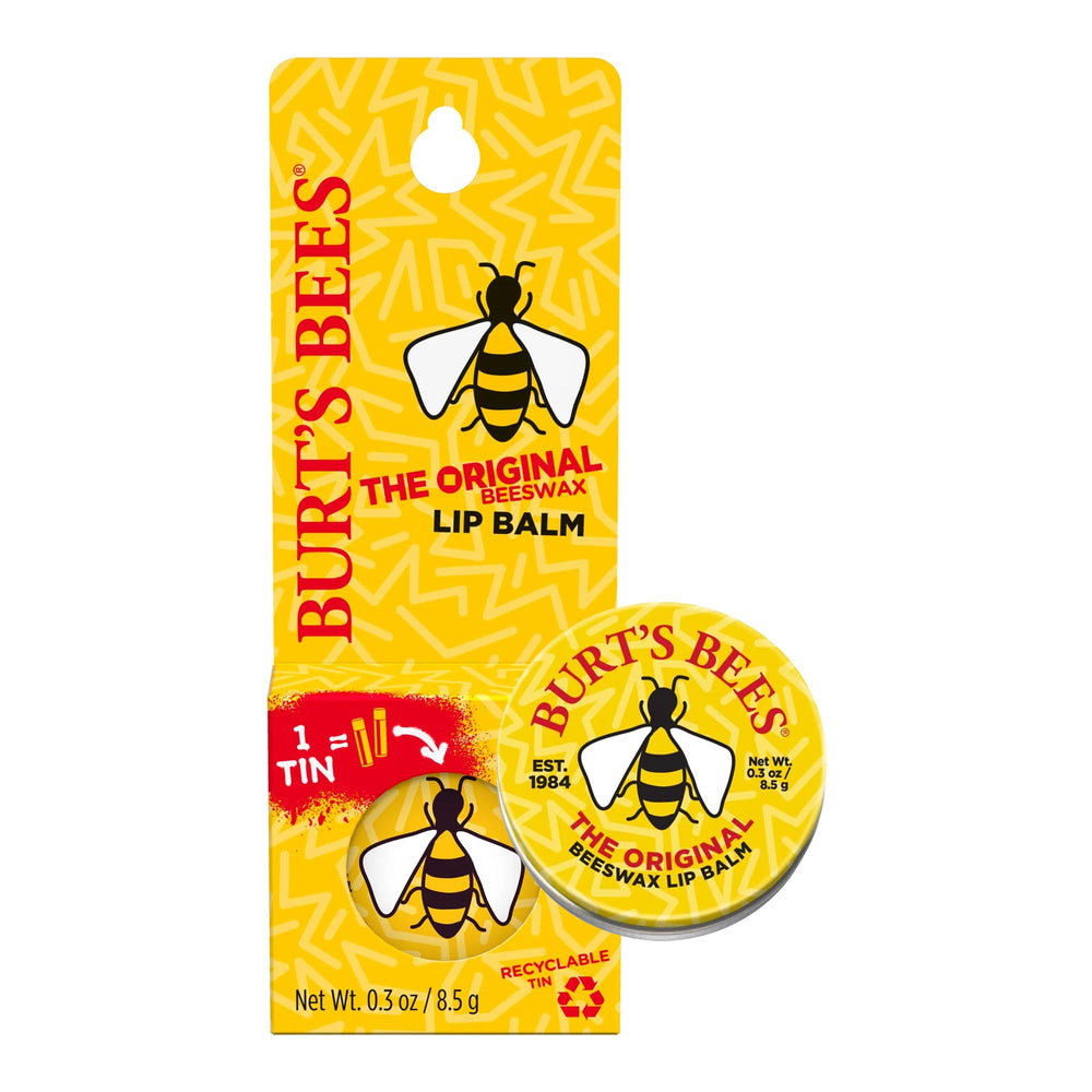 Burt's Bees lip balm tin front view showing recyclable packaging and classic label for easy storage
