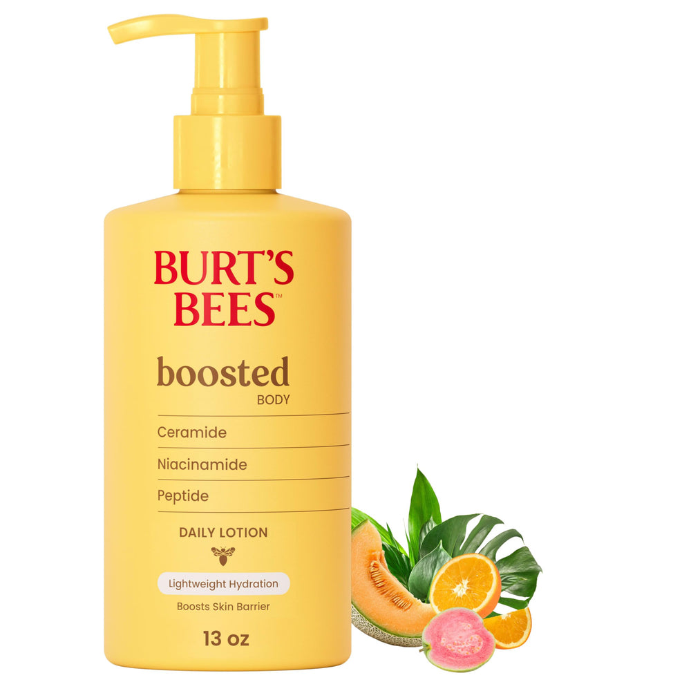Burt's Bees front packaging of boosted body lotion showing bottle and brand benefits