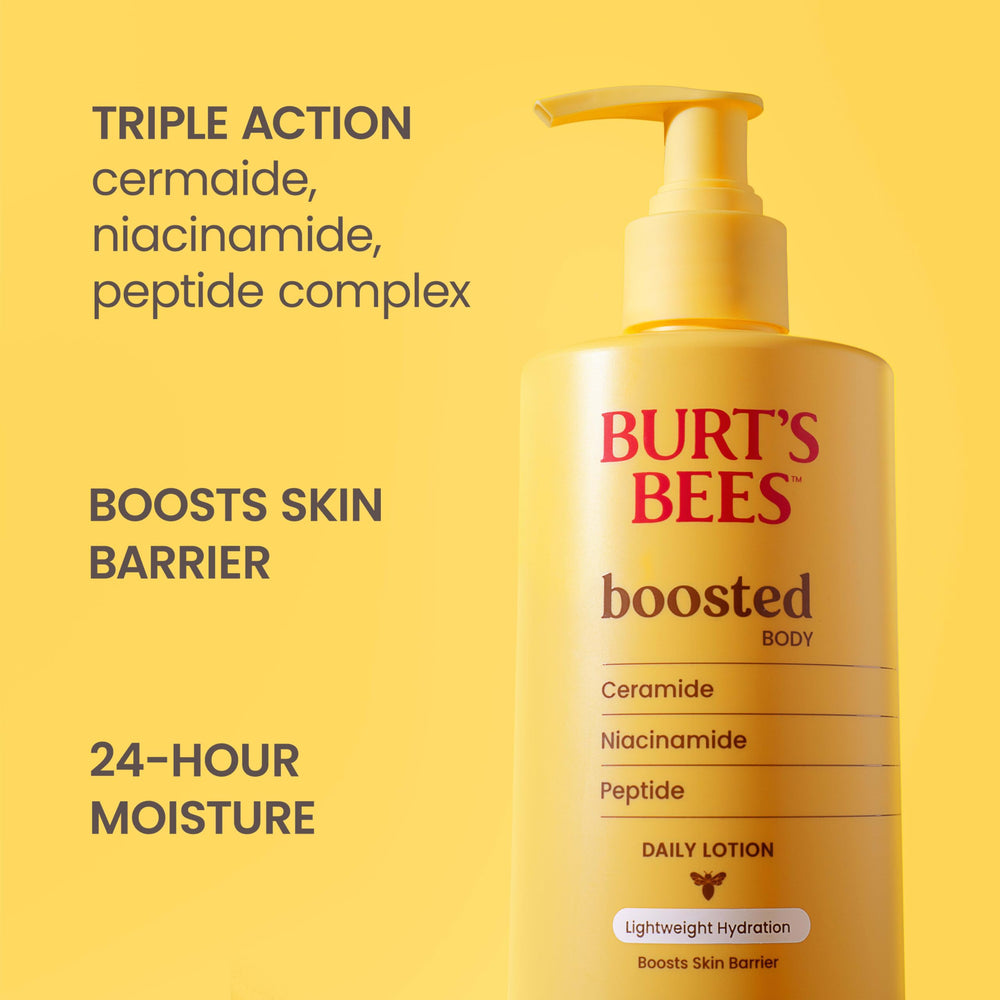 Burt's Bees pump and label close-up highlighting ingredients and fast-absorbing formula