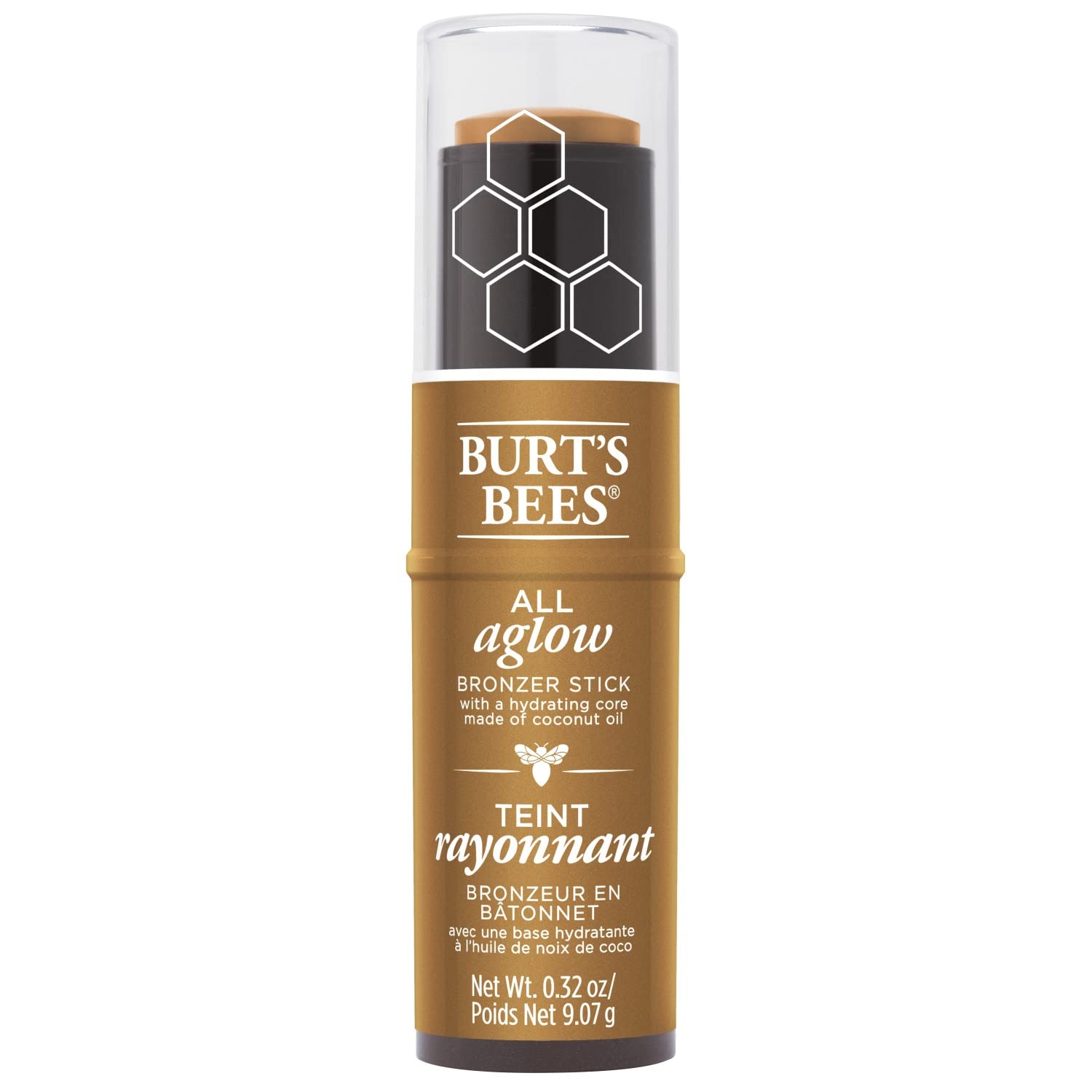 Burt's Bees bronzer stick twisted up revealing product tip for precise application