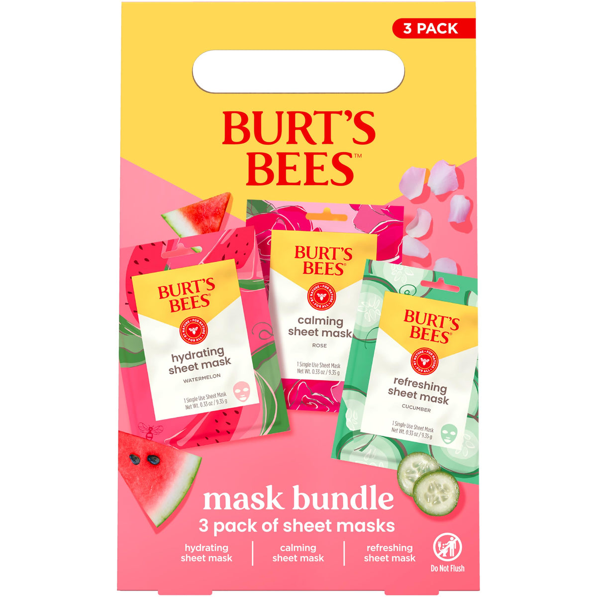 Burt's Bees bundle front packaging showing three sheet mask pouches and benefits
