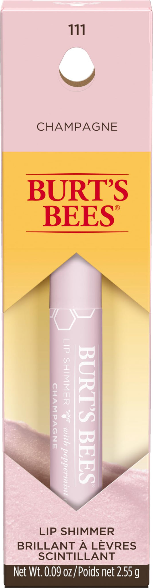 Burt's Bees champagne lip shimmer front tube showing slim packaging and shade