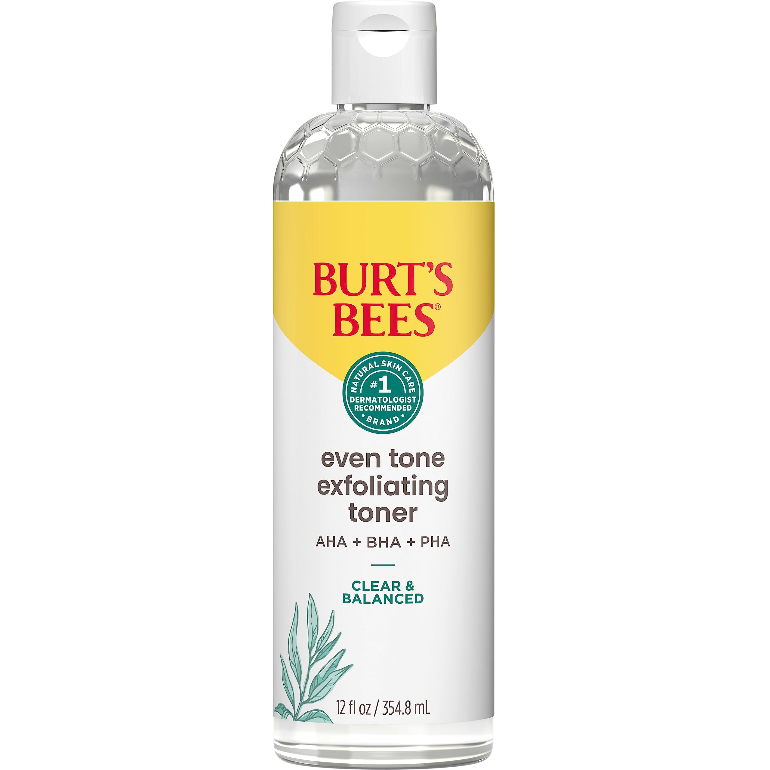Burt's Bees front packaging showing 12 oz bottle and brand clarity benefit