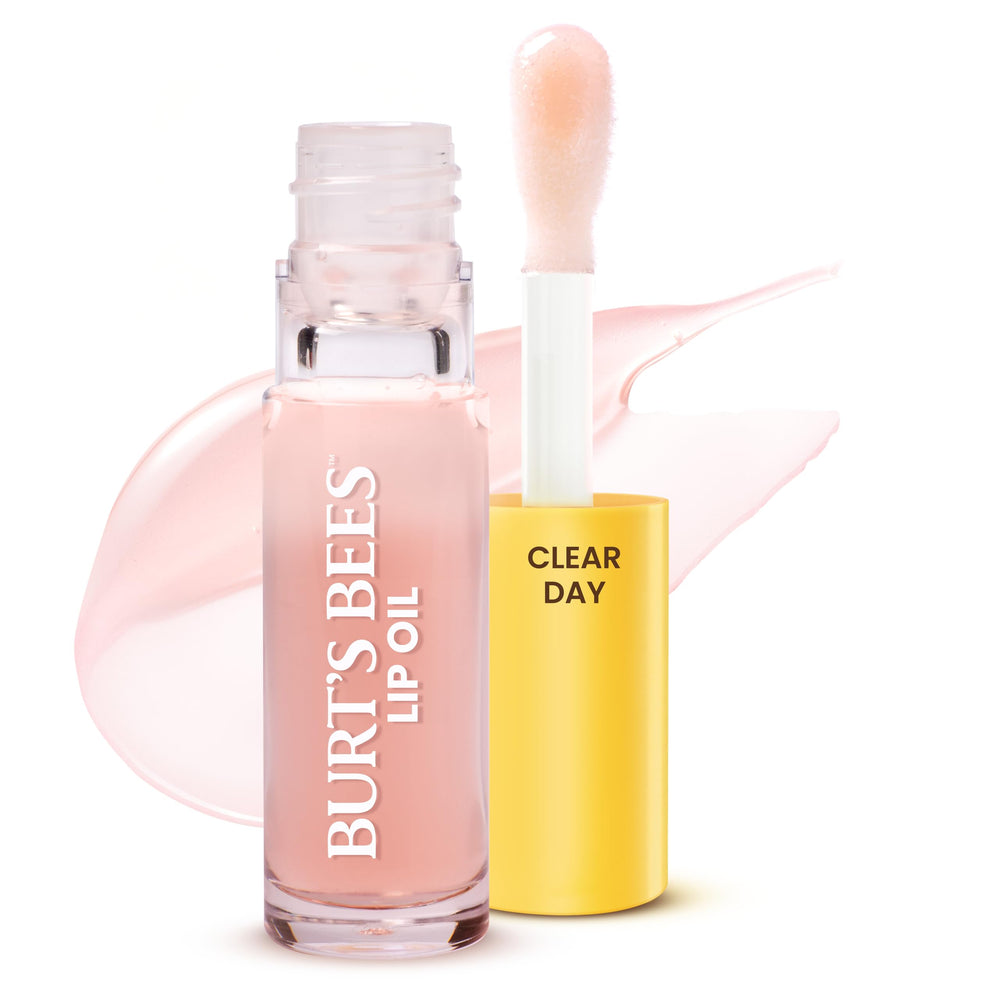 Burt's Bees front packaging showing clear lip oil and branding, conveys natural benefits