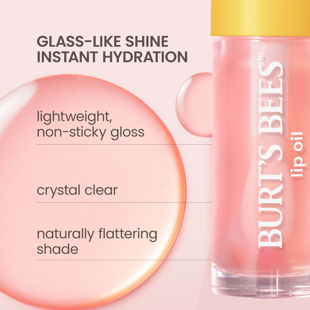 Burt's Bees clear oil texture on fingertip highlighting lightweight, non-sticky hydration