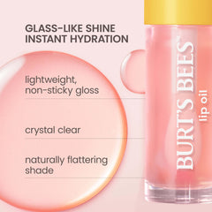 Burt's Bees clear oil texture on fingertip highlighting lightweight, non-sticky hydration